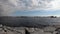 Rocky sea with sailing ship landscape. Rock beach with port boat. Turkey port