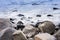 Rocky sea shore of Acitrezza next to Cyclops islands, Catania, Sicily, Italy