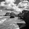 Rocky seashore. Black & white art photo.