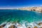 Rocky shore, clear turquoise sea water and blue sky in Ayia-Napa, Cyprus