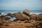 The rocky shore of the Indian Ocean in the city of Kanyakumari