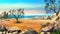 Rocky Shore with Lonely Tree Against Blue Sky