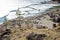 Rocky shoreline along a frozen lake