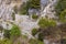 Rocky shoreline on the Tyrrhenian Sea nearby Marina Piccola, view of the footpath Via Krupp, Capri Island, Italy