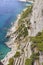 Rocky shoreline on the Tyrrhenian Sea nearby Marina Piccola, view of the footpath Via Krupp, Capri Island, Italy