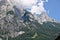 Rocky slope of a mountain partly covered by mist in the Tennen range in the Austrian Alps near the town of Werfen