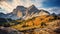 Rocky slope of Ra Gusela peak. Colorful in Dolomite Alps. Colorful morning scene of Giau pass