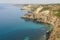 Rocky steep shore of the blue Black sea. The Western part of the Crimean Peninsula