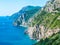 Rocky wild coastline cliff covered with trees at Ravello, Amalfi Coast, Naples, Italy