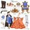 Rococo history period clothes and furniture vector