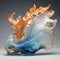 Rococo-inspired Orange And Blue Water Sculpture With Subtle Blue Glass And Gold Accent