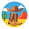 Rodeo. American cowboy boots and hat in a western Arizona desert landscape. Wild west concept. Vintage cowboy print