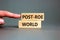 Roe vs Wade post-Roe world symbol. Concept words Post-Roe world on wooden blocks on a beautiful grey background. Businessman hand
