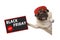 Rolic pug puppy dog with red cap, holding up sale sign with text Black Friday, hanging sideways from white banner