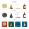 Roll-field, Indian wigwam, lasso, whiskey bottle. Wild West set collection icons in cartoon,black,flat style vector