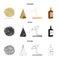 Roll-field, Indian wigwam, lasso, whiskey bottle. Wild West set collection icons in cartoon,black,outline style vector