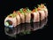 Roll Fire Dragon on a black glossy background with reflection. Stuffed with salmon, tobiko, chuka, chili, omelet