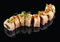 Roll Fire Dragon on a black glossy background with reflection. Stuffed with salmon, tobiko, chuka, chili, omelet