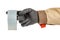 Roll of grey plumbing adhesive repair tape hanging on finger of worker hand in black protective glove and brown uniform isolated