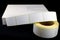 Roll of labels for thermal perforation on a white box.Stickers for thermal or thermal transfer printing.