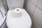 A roll of oilet paper on a toilet cover, concept for constipation and bowel movement