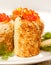 Roll from russian pancake with salmon caviar