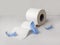 A roll of soft toilet paper on a light background and delicate blue feathers