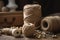 roll of twine with a few balls hanging from it, for craft or decorating project