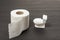 Roll of white toilet paper and small toy toilet bowl on gray background. Eco-friendly recycled toilet paper