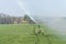 Rollaway automatic sprinkler watering gun irrigating farmer`s field in spring season