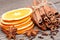 Rolled of cinnamon sticks with sliced of dried orange clove and