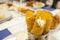 Rolled dorado tacos stuffed with cheese with corn tortillas on Ecuadorian restaurant table