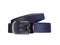 Rolled fashionable men`s blue leather belt with dark matted metal buckle isolated on white