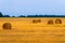 Rolled haystack on agriculture field landscape. Haystack farmland field panorama. Harvest in haystack agriculture farm