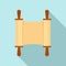 Rolled open brown papyrus icon, flat style