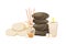 Rolled towels, spa stones tower, aroma candles and incense sticks in bottle in cartoon style isolated on white