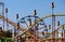 A roller coaster and ferris wheel lay idlel in the Turkish coastal city of Mersin in Turkey.