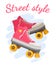 Roller girl print. Trendy pink rollers skate with heart and slogan street style. Retro summer girls fashion. Positive t