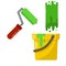 Roller for paint and yellow bucket. Green tool with trace