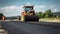 Roller rolling fresh hot asphalt on the new road. Road construction. Generative AI