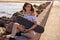 Roller Skate girl in a beach dock with red