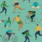 Roller skates, running, bicycle, walk, yoga. Vector seamless pattern with active young people. Healthy lifestyle. Design elements.