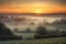 rolling countryside with misty sunrise view