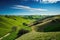 rolling hills, lush and green, with clear blue skies