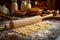 rolling out pasta dough with a wooden rolling pin