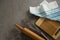 Rolling pin, whisker, chopping board and cloth on table