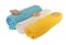 Rolls of blue, white, yellow towels with sea shells isolated