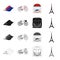 Rolls of fabric, tricolor, bicycle, French cafe, Eiffel Tower. France set collection icons in cartoon black monochrome