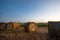 Rolls of haystack on the paddy field.