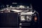 Rolls-Royce - classic British car on black background, close-up.
